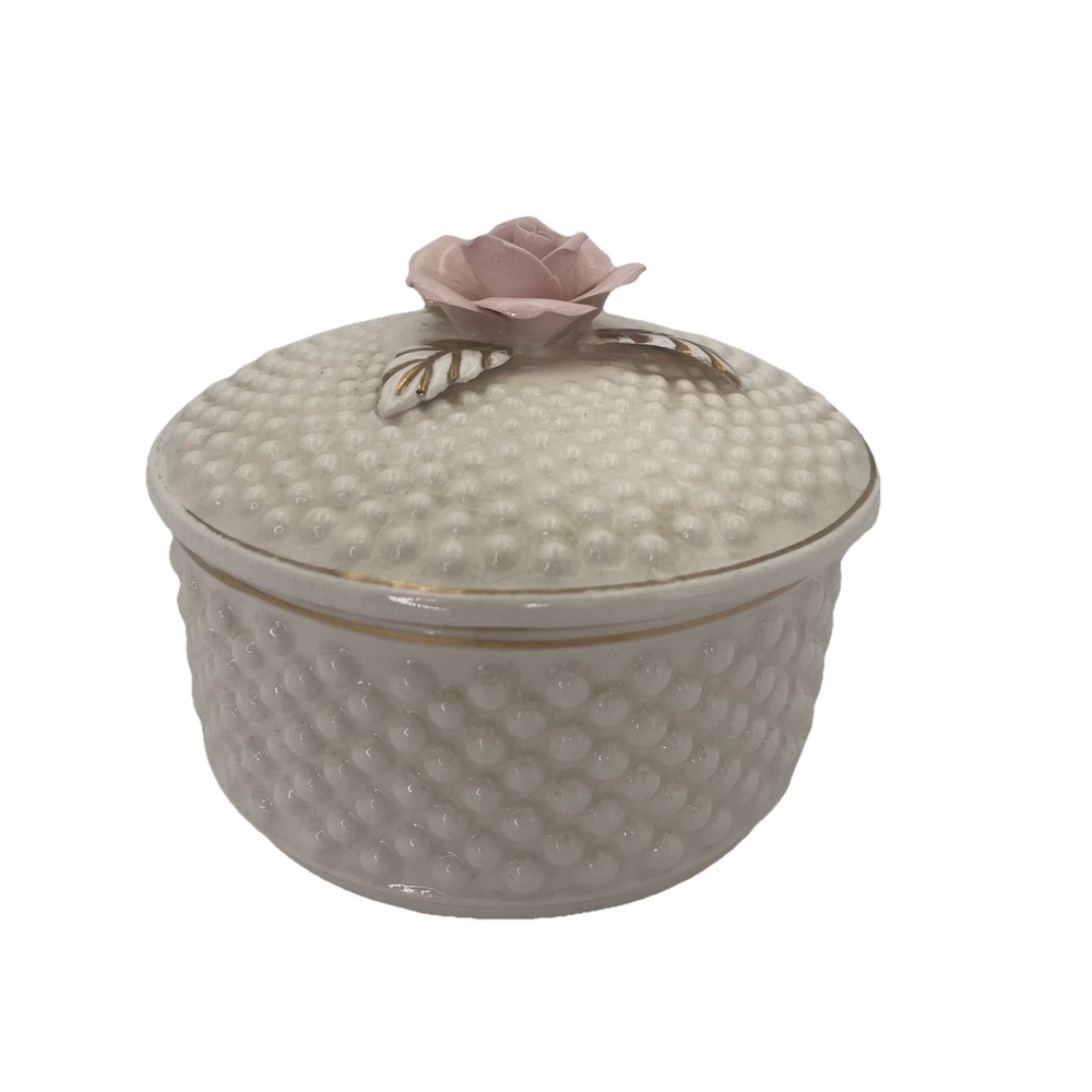 Vintage Hobnail Round Trinket Vanity Box Lid Porcelain Roses Gold Trim Japan